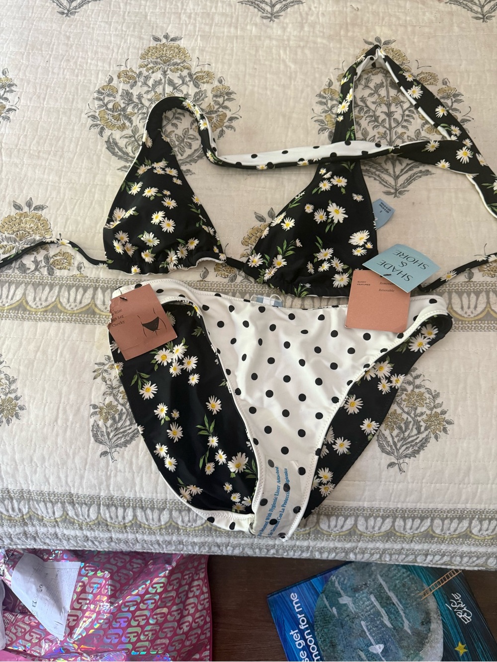 Shade & Shore Black and White Daisy & Polka Dot Bikini